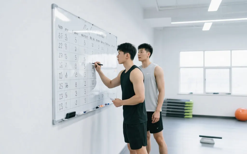 训练室里专注记录数据与训练计划的年轻运动员，象征重建与长期主义