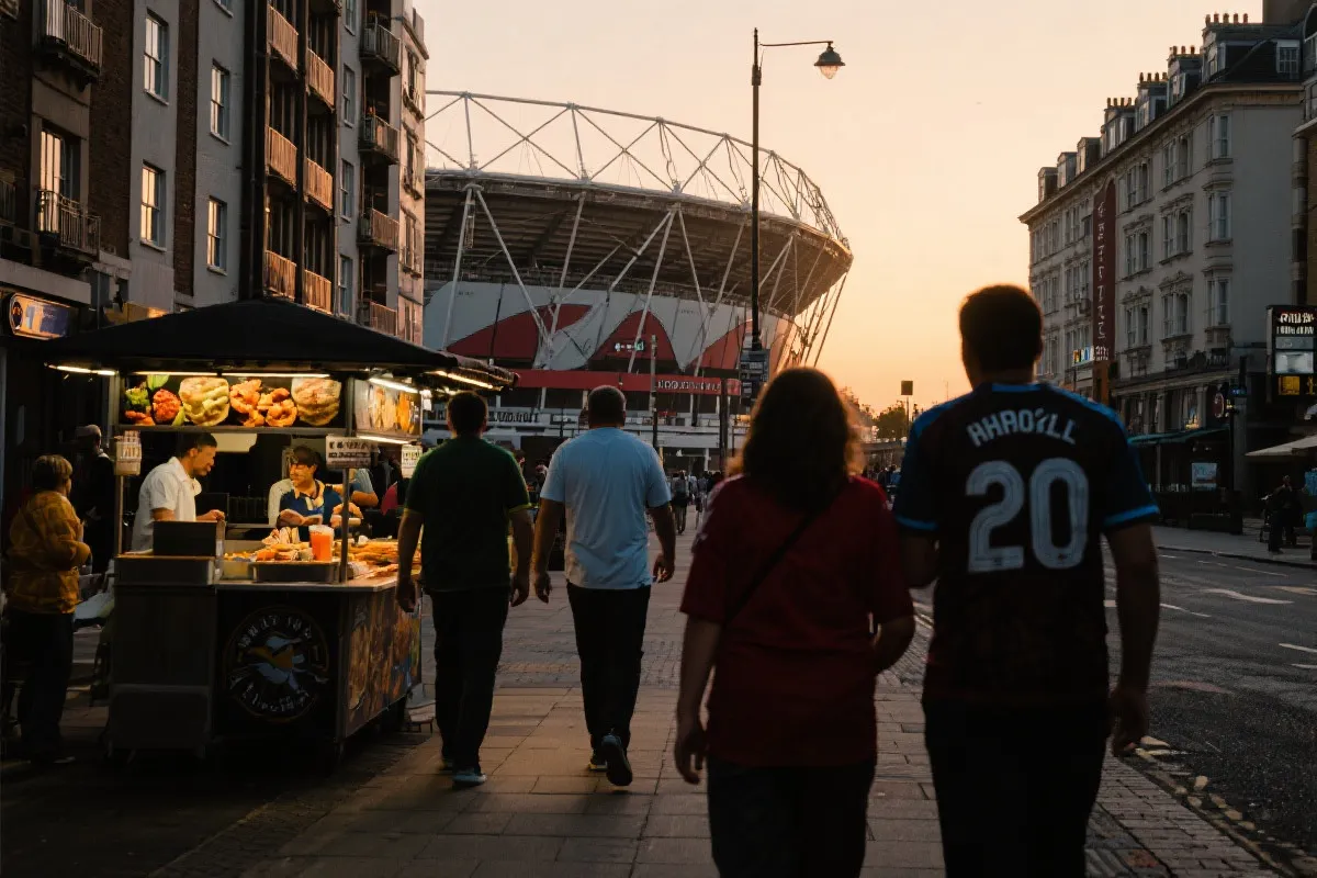 世界杯比赛日前的球迷动线：从酒店出发到球场入口、街边小吃与短途观景的拼贴式场景